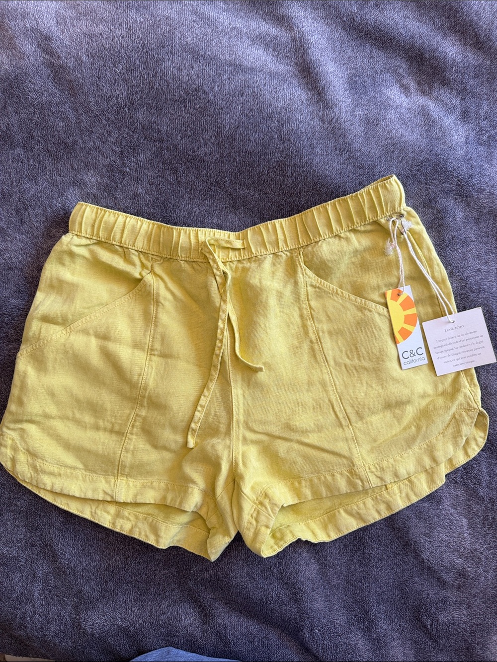 C&C California Bright Yellow Drawstring Linen-Blend Athletic Shorts NWT